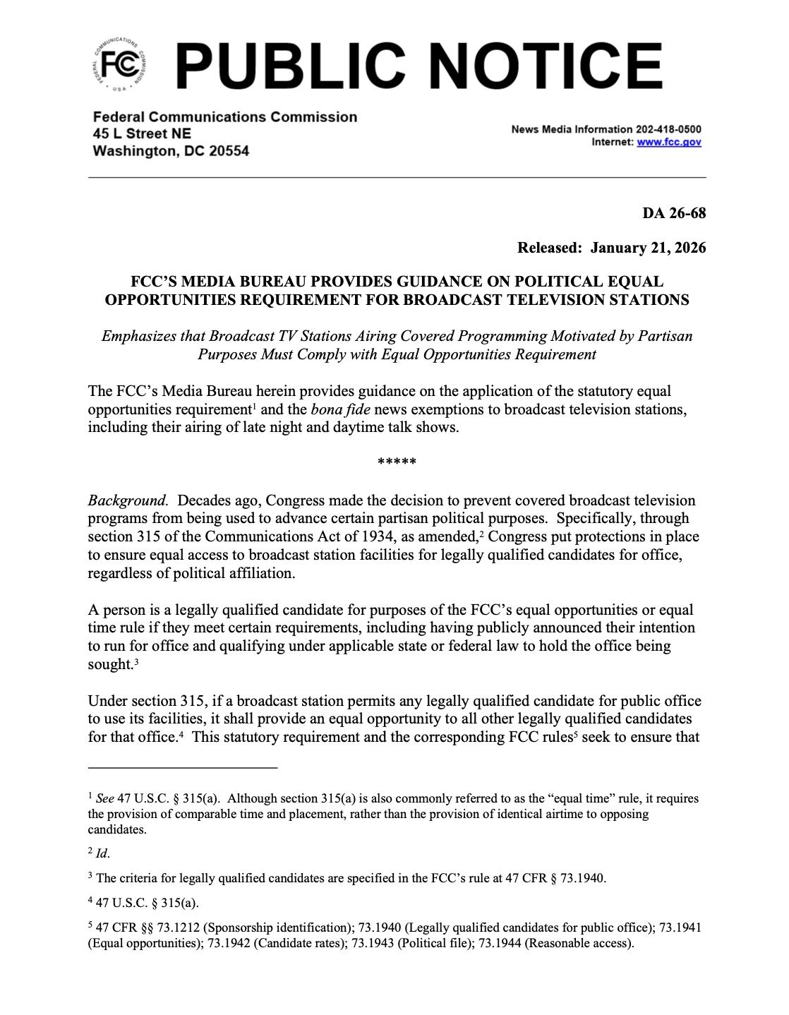 Federal Communications Commission public notice about equal-time rules