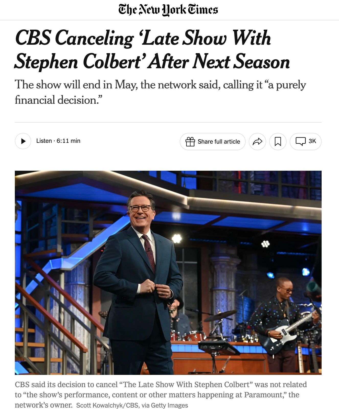 New York Times article about CBS canceling The Late Show with Stephen Colbert