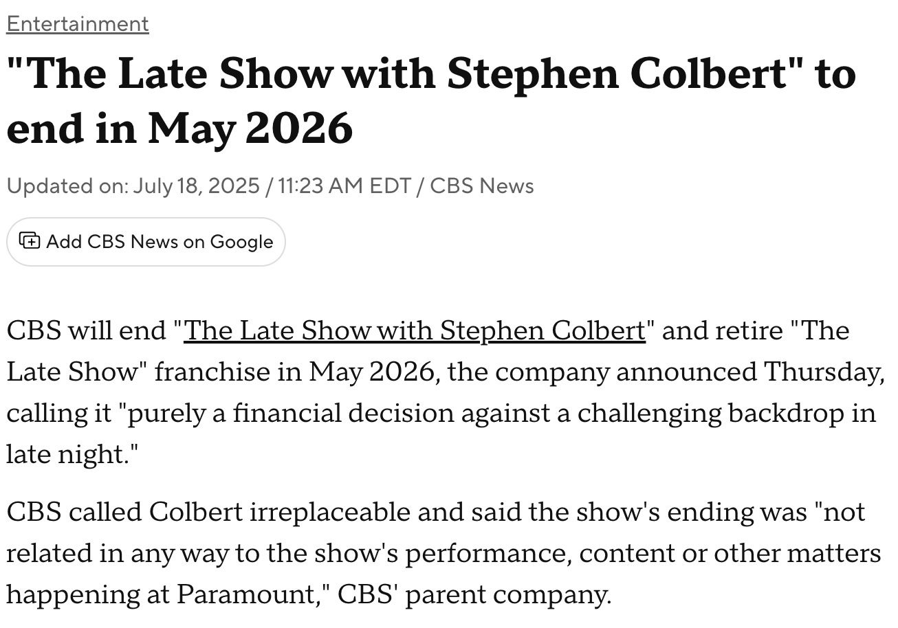 News story about The Late Show with Stephen Colbert ending