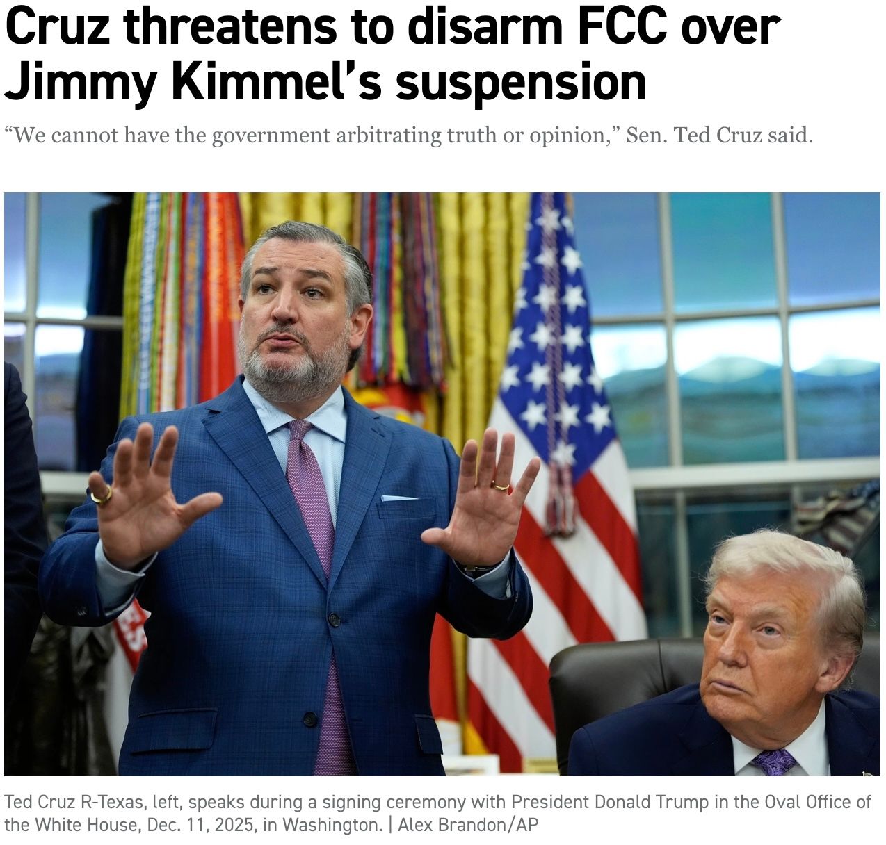 News story about Ted Cruz opposing FCC action over Jimmy Kimmel