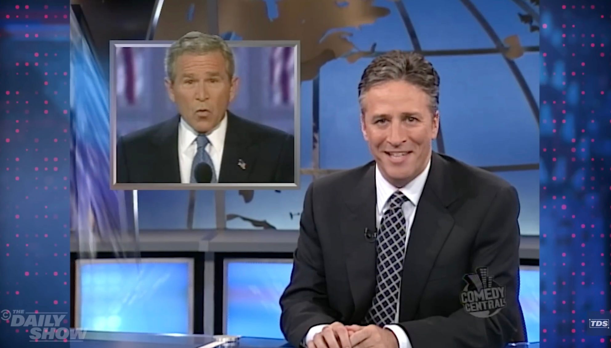Jon Stewart reacting to George W. Bush footage on The Daily Show