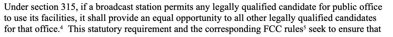 Text excerpt explaining that Section 315 requires equal opportunity for legally qualified candidates
