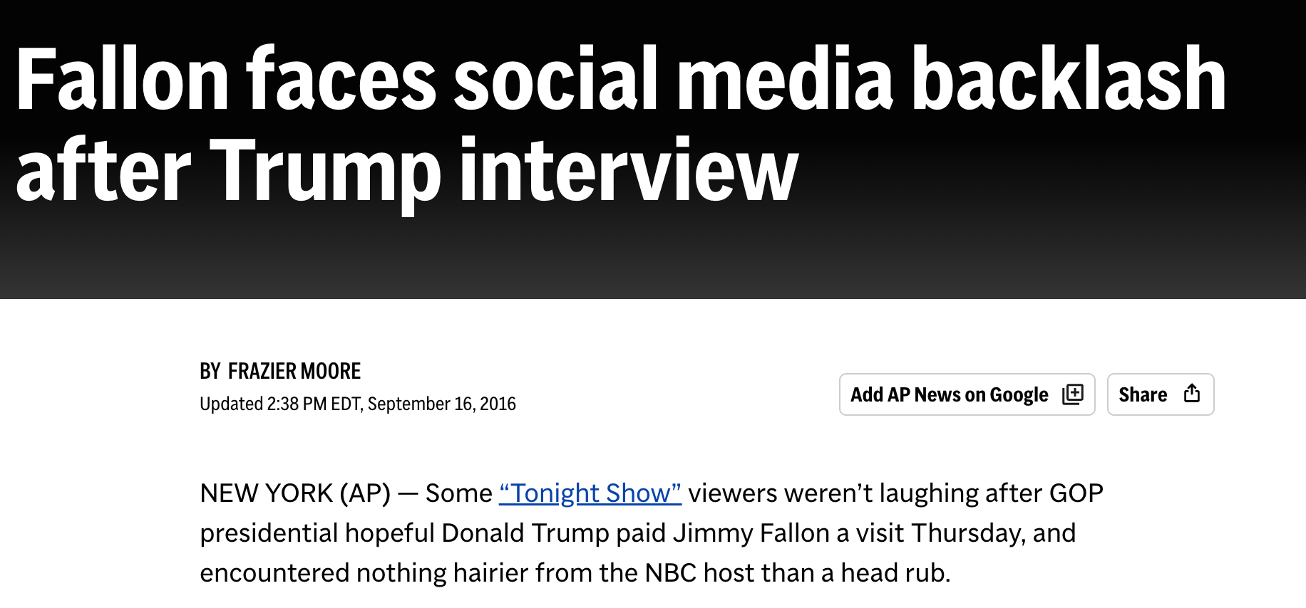 Article headline about Fallon facing social media backlash after Trump interview
