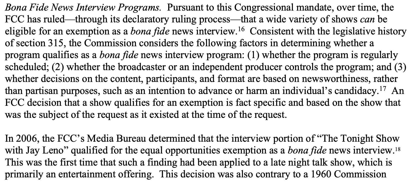 Text describing the bona fide news interview program exemption