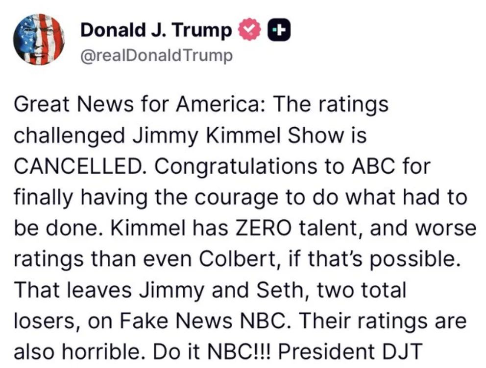 Donald Trump social media post celebrating Jimmy Kimmel's cancellation