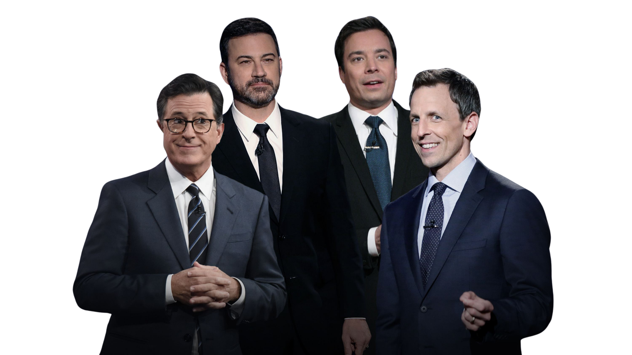 Group cutout of late-night hosts including Stephen Colbert, Jimmy Kimmel, Jimmy Fallon and Seth Meyers