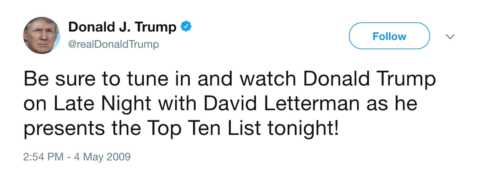 Donald Trump post promoting an appearance on Late Night with David Letterman