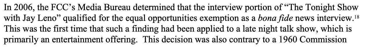Text excerpt explaining the FCC's 2006 Jay Leno bona fide news interview precedent