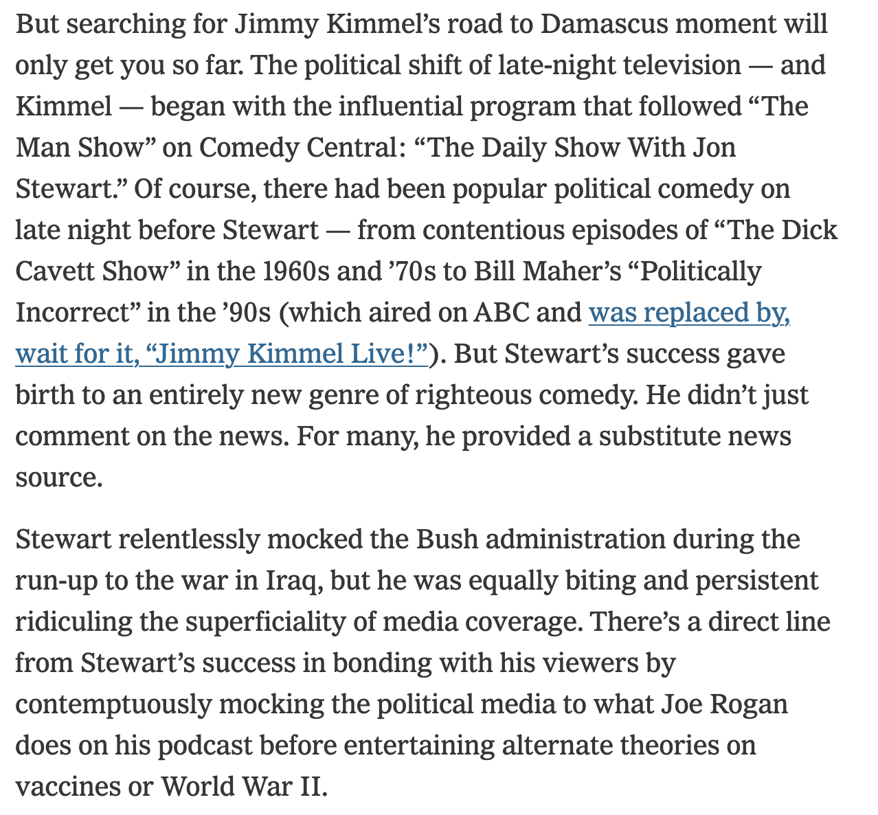 New York Times quote about Jimmy Kimmel and The Daily Show's influence