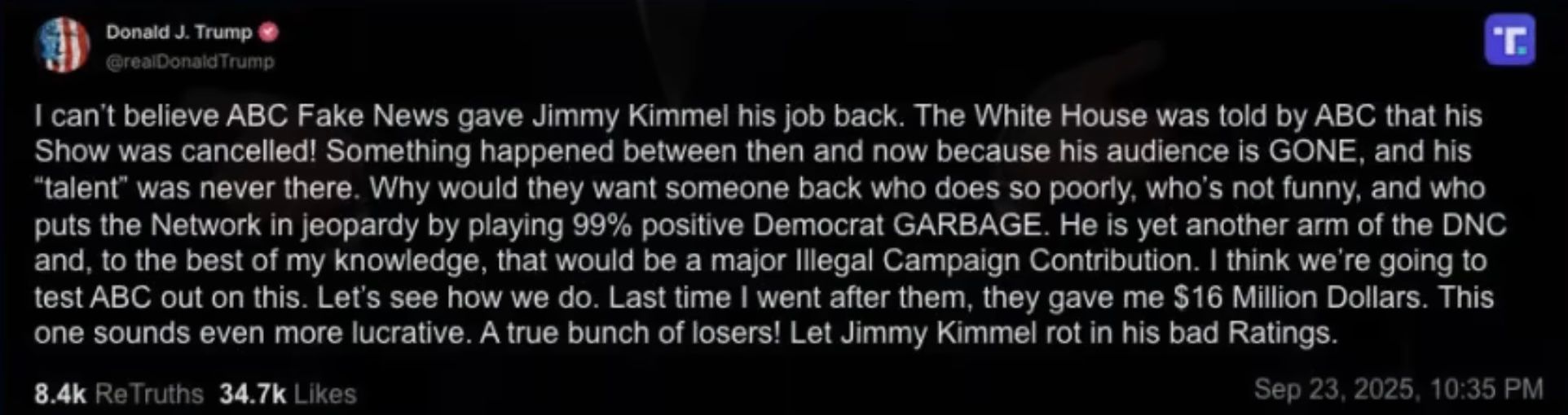 Truth Social post by Donald Trump criticizing ABC and Jimmy Kimmel